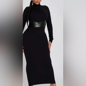 Long Black Dress with faux leather Belt
